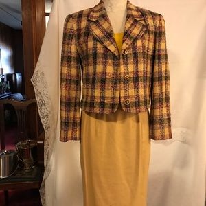 Vintage Doncaster 2 piece silk suit of bright yellow and navy plaid, size 4